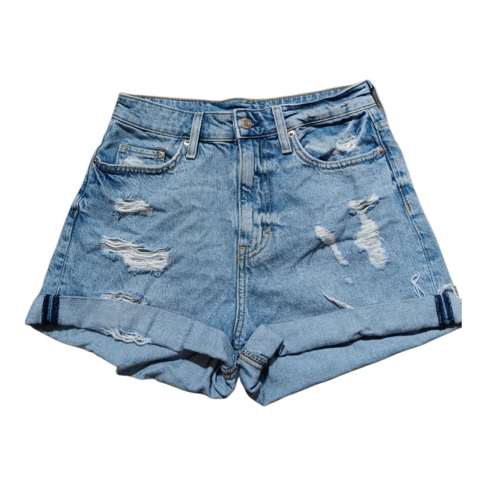 H&M &Denim Cuffed Denim Blue Jean Shorts Raw Hem Distressed Ripped